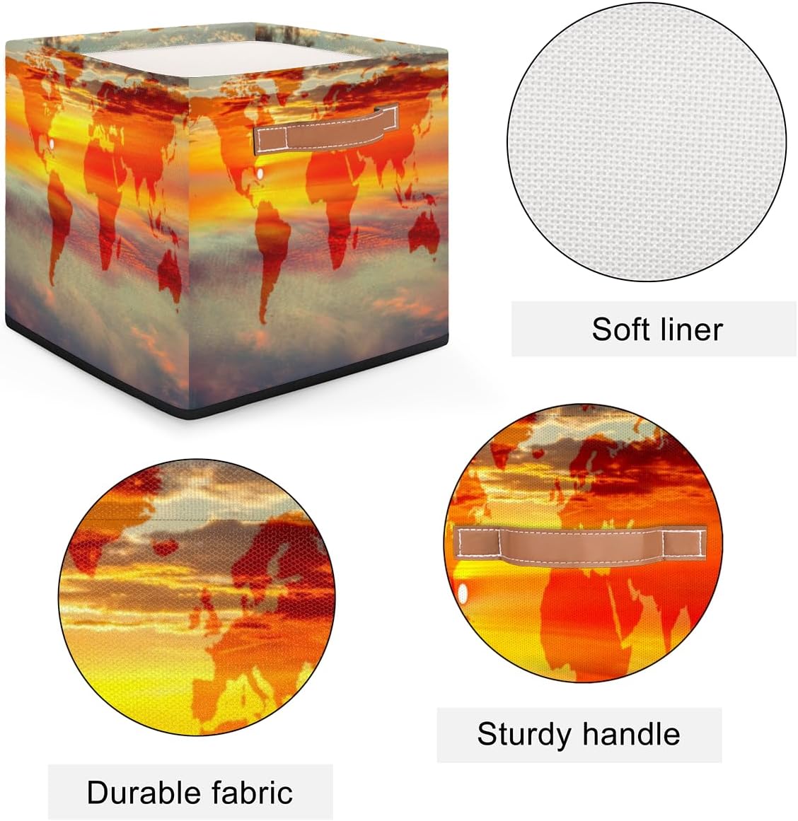 Cesta de almacenamiento de mapa de puesta de sol, caja de almacenamiento plegable de tela de 13 x 13 x 13 pulgadas, cubos cuadrados con asas para