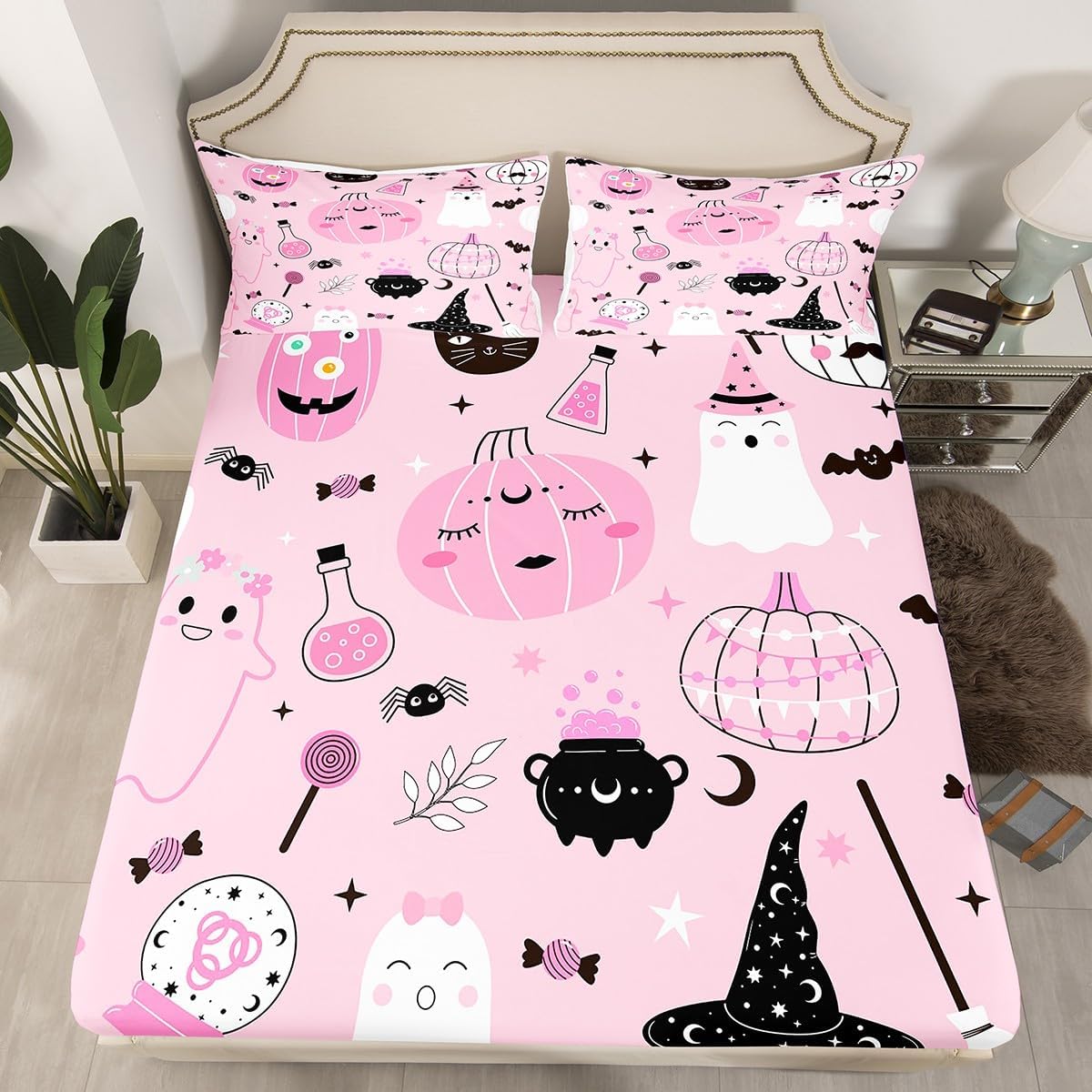 Feelyou Juego de sábanas de Halloween de tamaño matrimonial, para decoración de Halloween, juego de sábanas bajeras con diseño de calabaza, funda de