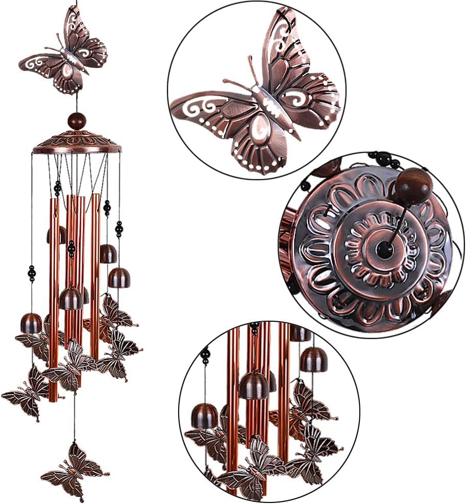 Campanillas de viento de mariposa para decoración al aire libre, con 4 tubos, 6 campanas, 7 mariposas de 36 pulgadas, impermeables, móviles,