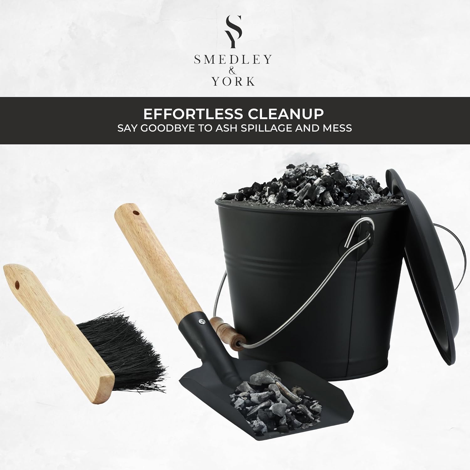 Smedley & York Mini cubo de ceniza con tapa, incluye herramientas para chimenea, cubo, pala y escoba, cubo de metal de carbón de 1.5 galones con