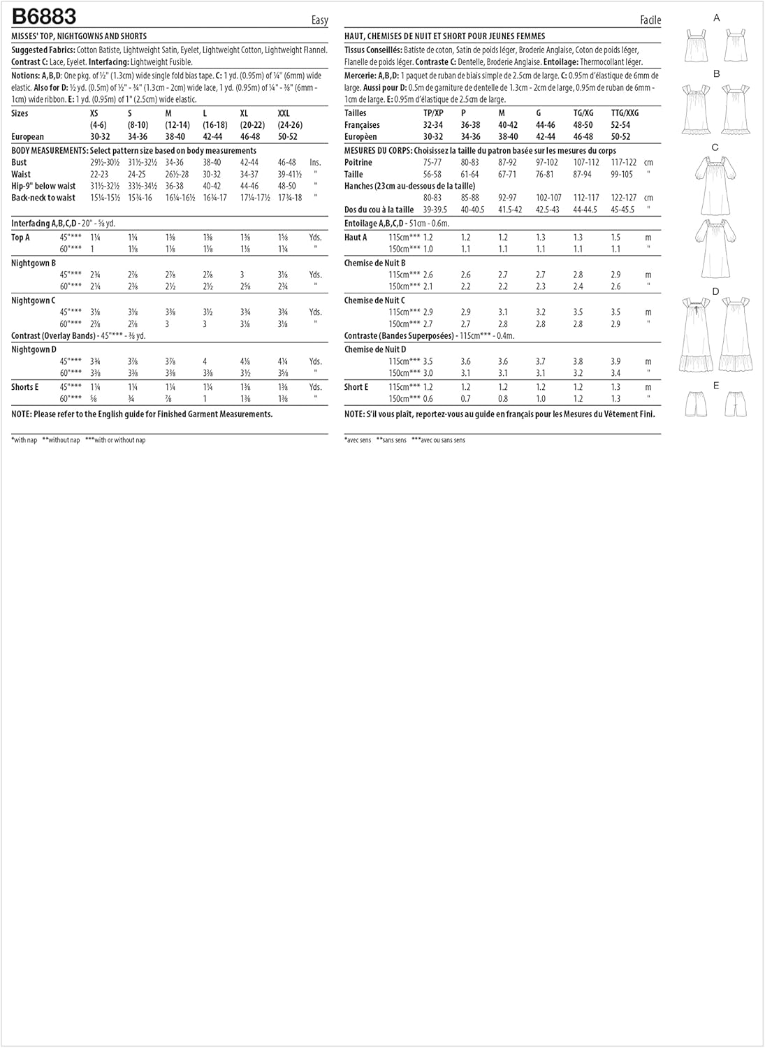 Butterick Misses’ – Kit de patrón de costura de camisones y pantalones cortos, código de diseño B6883, tallas XS-S-M