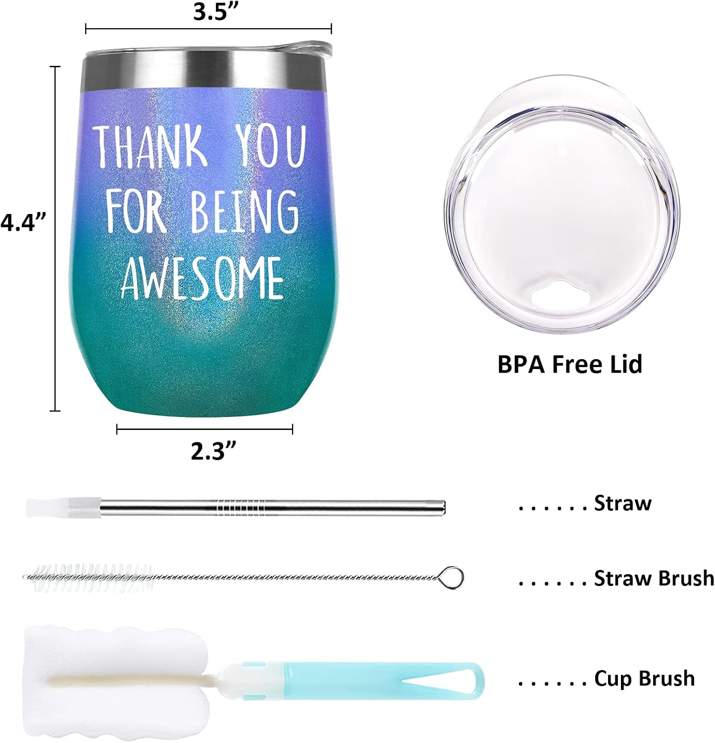 Vaso de vino con texto en inglés “Thank You for Being Awesome – Vaso de vino de 12 onzas con aislamiento de acero inoxidable con pajilla, regalo de
