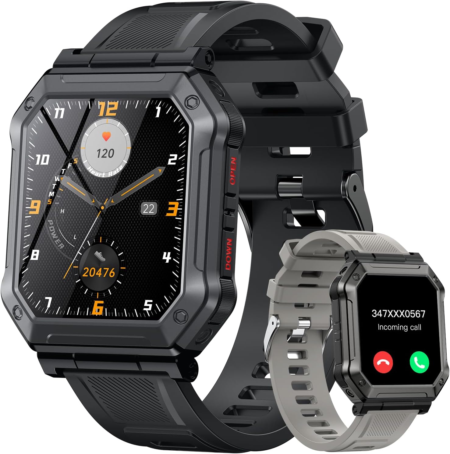 Reloj inteligente para hombre, rastreador de ejercicios (llamadarespuesta de llamadas) Bluetooth Militar Smartwatch para teléfonos Android, iPhone,