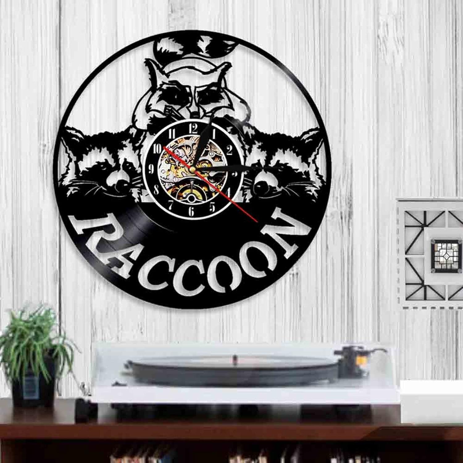 Reloj de pared de disco de vinilo, arte de mapache, reloj de pared decorativo, diseño moderno, reloj de vinilo animal, decoración de pared, reloj