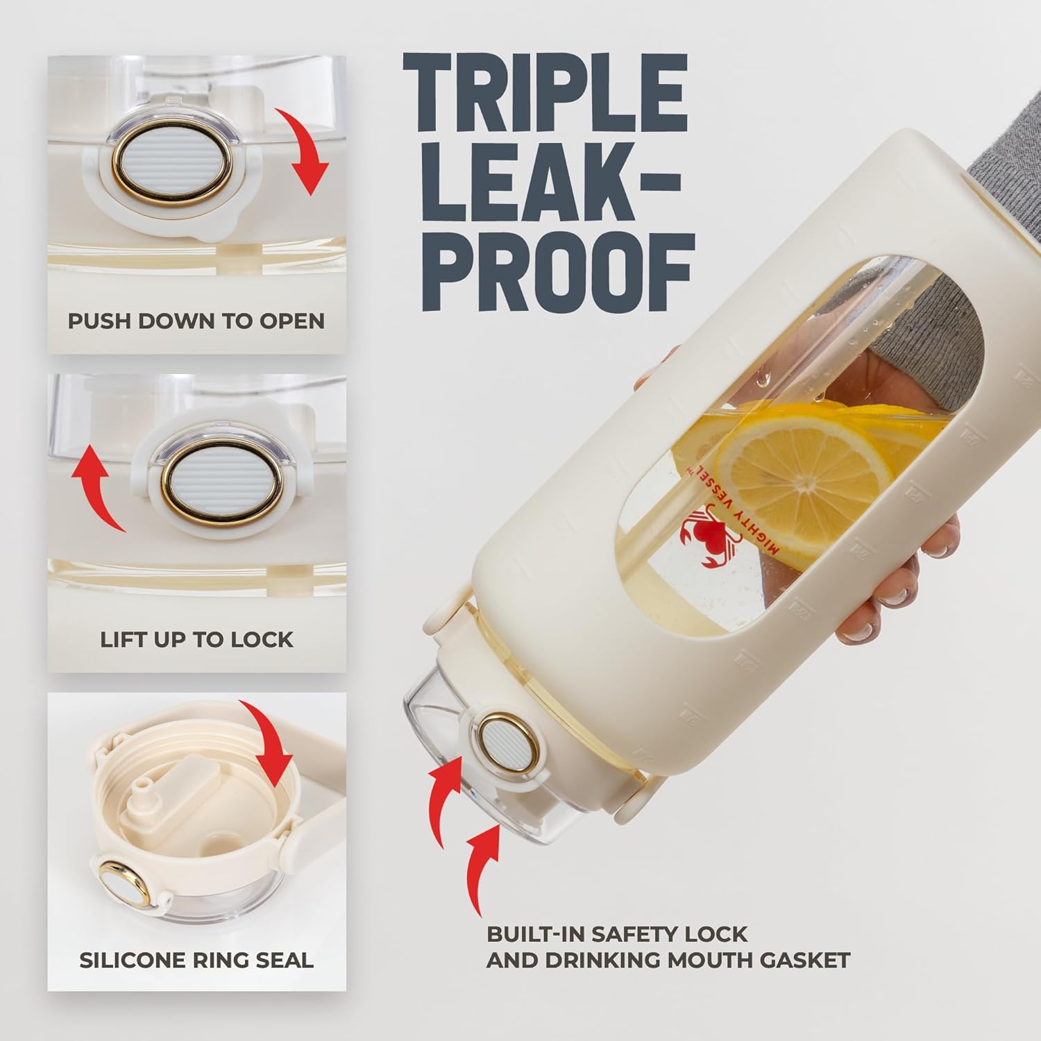 Botella de agua de vidrio de 64 onzas  Botella de agua blanca con popote y marcador de tiempo  Botella de agua de medio galón con medidas y funda de