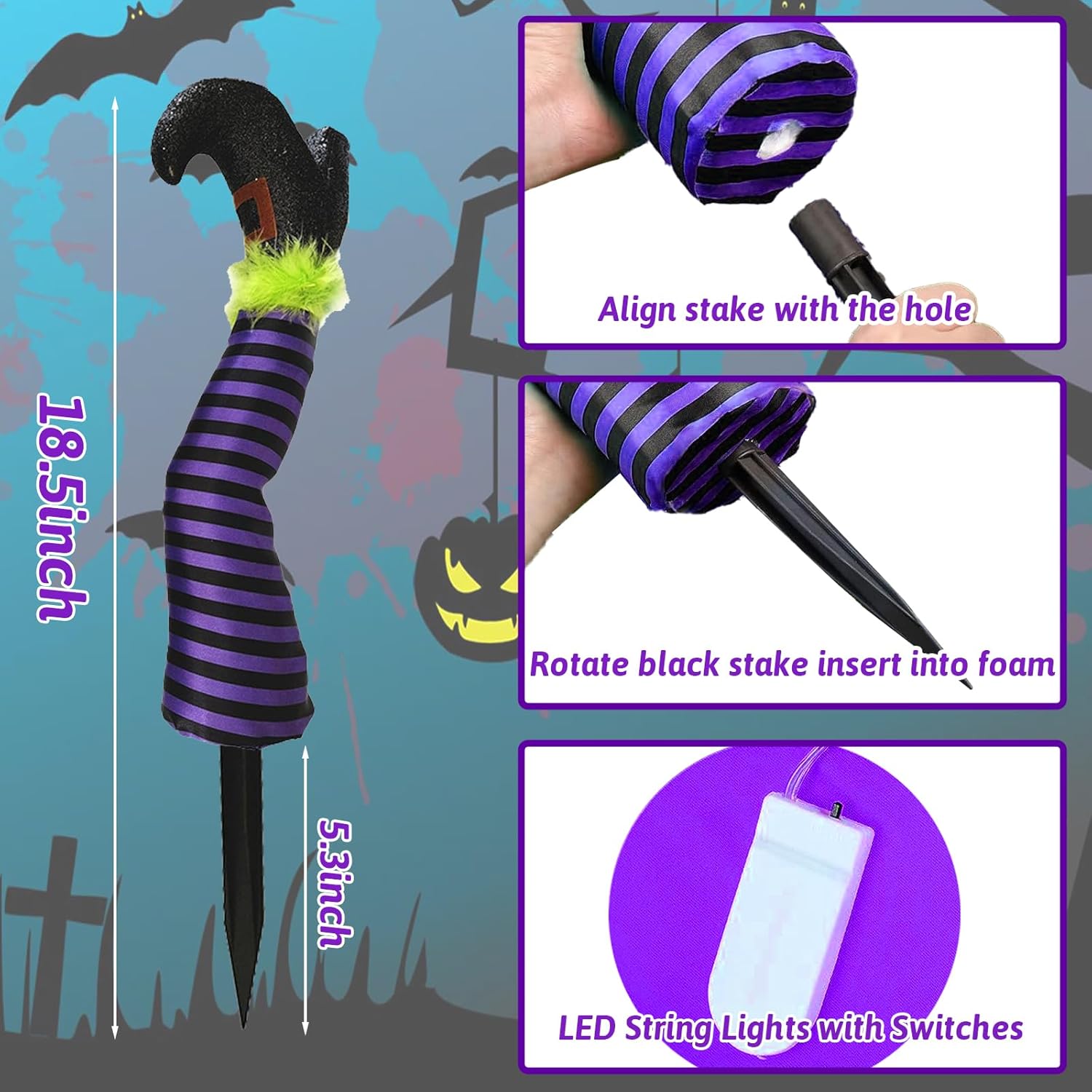 Estacas de Halloween para patio, decoración de patas de bruja LED, decoración de bruja de Halloween iluminada al aire libre, sombrero de bruja LED,