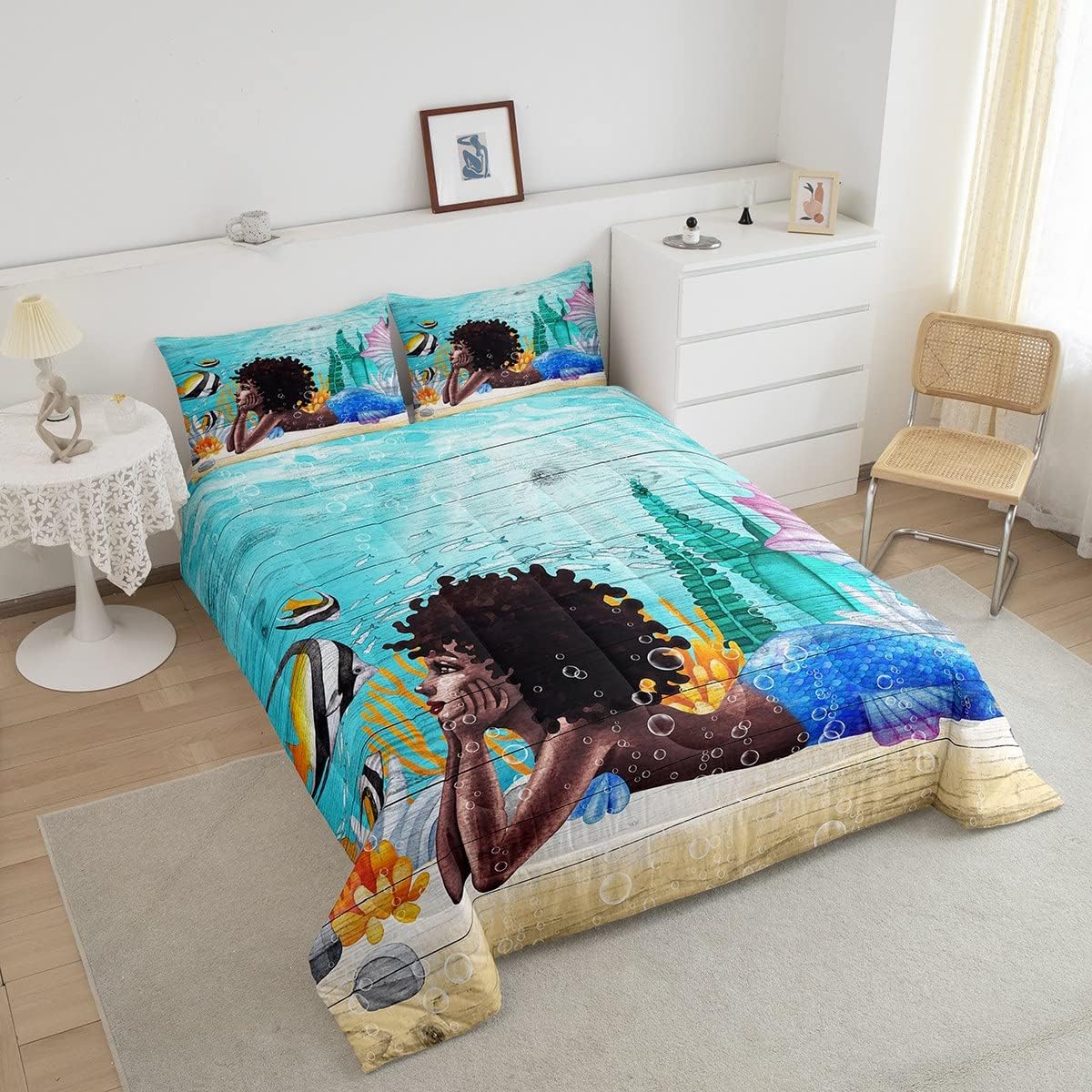 Juego de edredón de sirena negra para niños, tamaño Queen, ropa de cama de princesa sirena azul africana, regalo para niños y adultos, regalo de