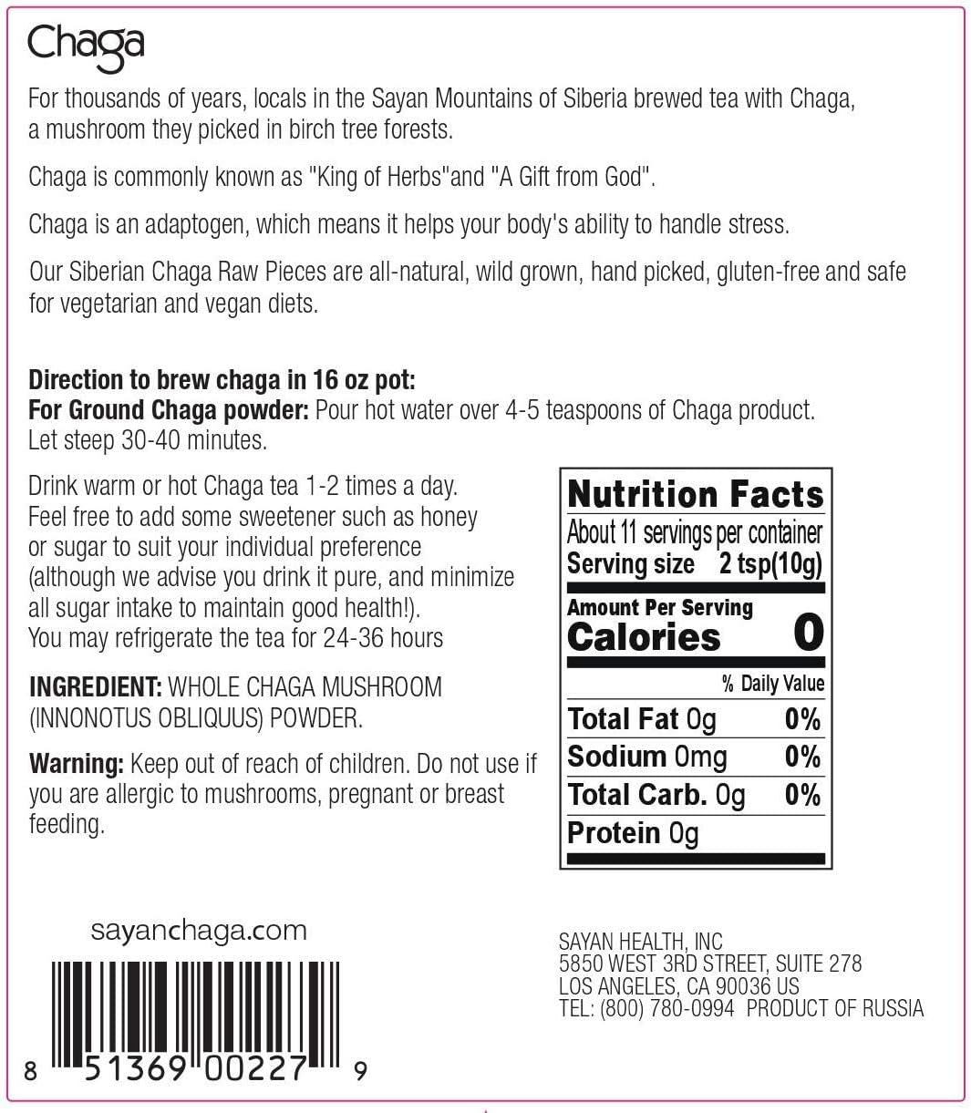 Sayan Polvo de chaga grueso siberiano crudo de 4 onzas (3.99 oz) de té de hongos cosechados salvajes, potente suplemento antioxidante adaptógeno