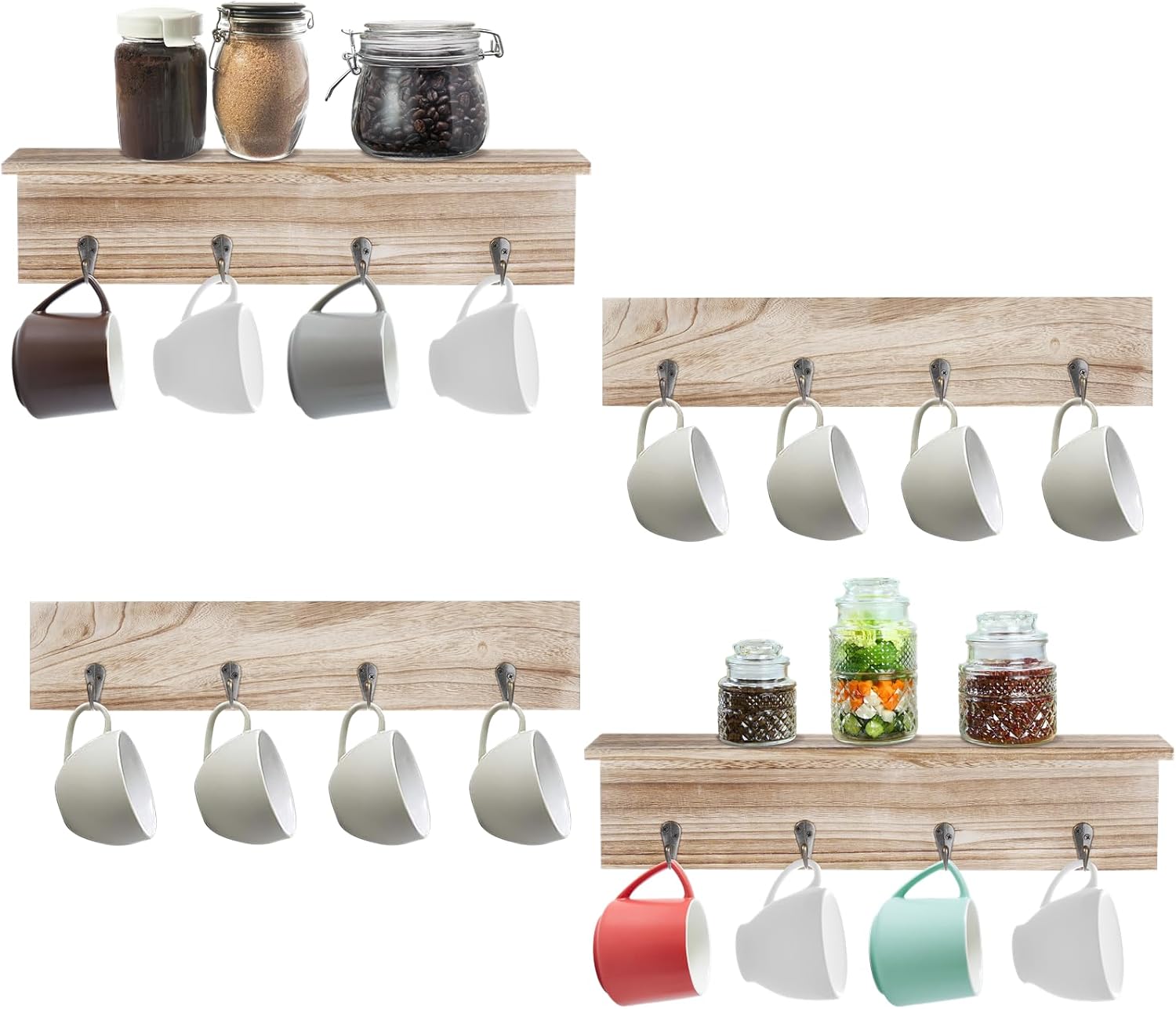 Anjetan Estante para tazas de café montado en la pared, 4 piezas, estante de pared rústico para tazas de café con 16 ganchos y estante de