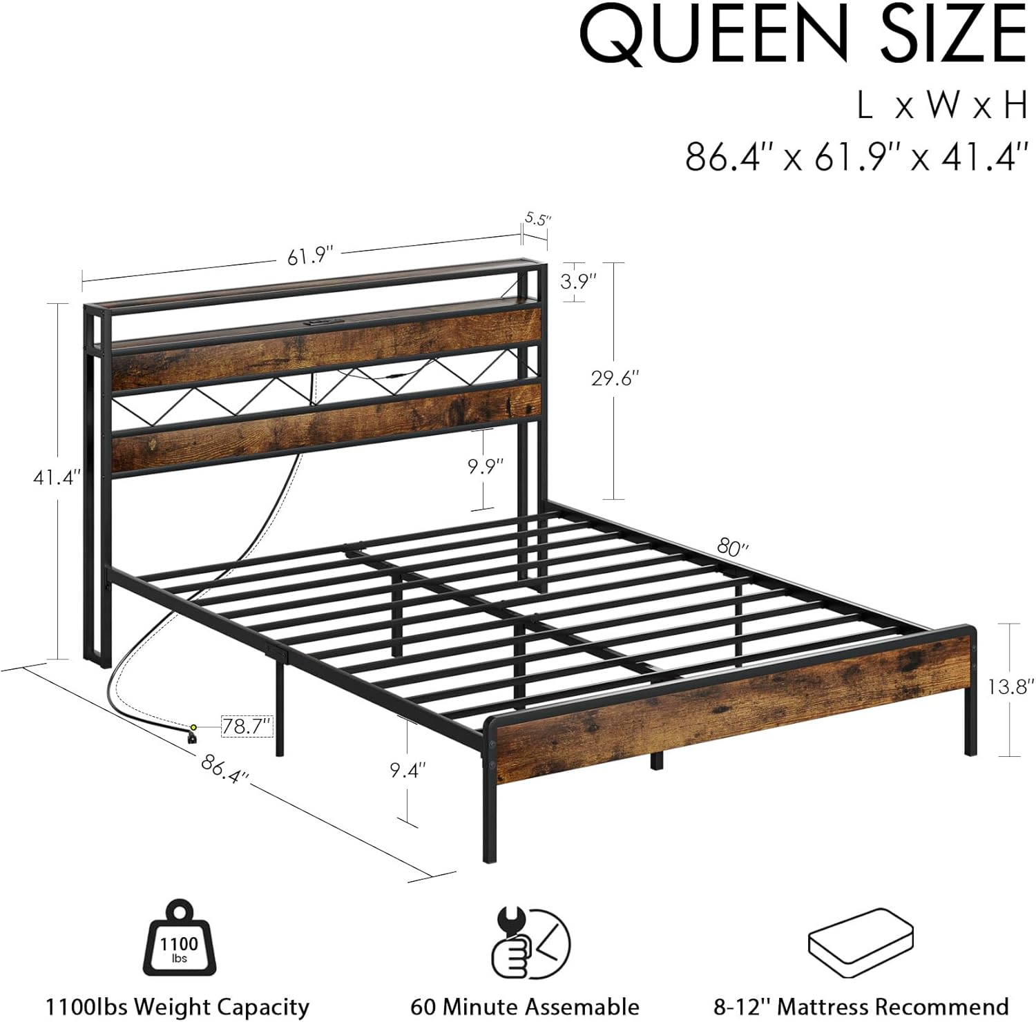 Aobafuir Base de cama Queen con cabecera de almacenamiento, marco de cama tamaño Queen con estación de carga, cama de plataforma con luces LED,