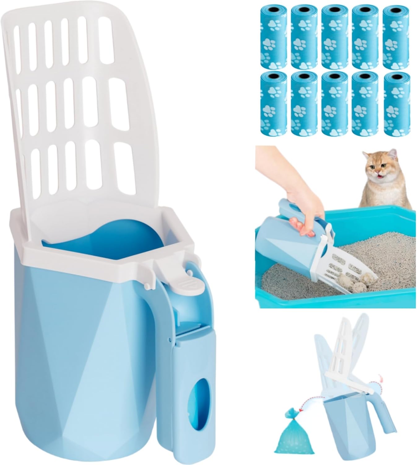 Cuchara de arena para gatos  Cuchara de arena para gatos con soporte para caja de arena incluye 10 rollos (150 unidades), pala grande y contenedor