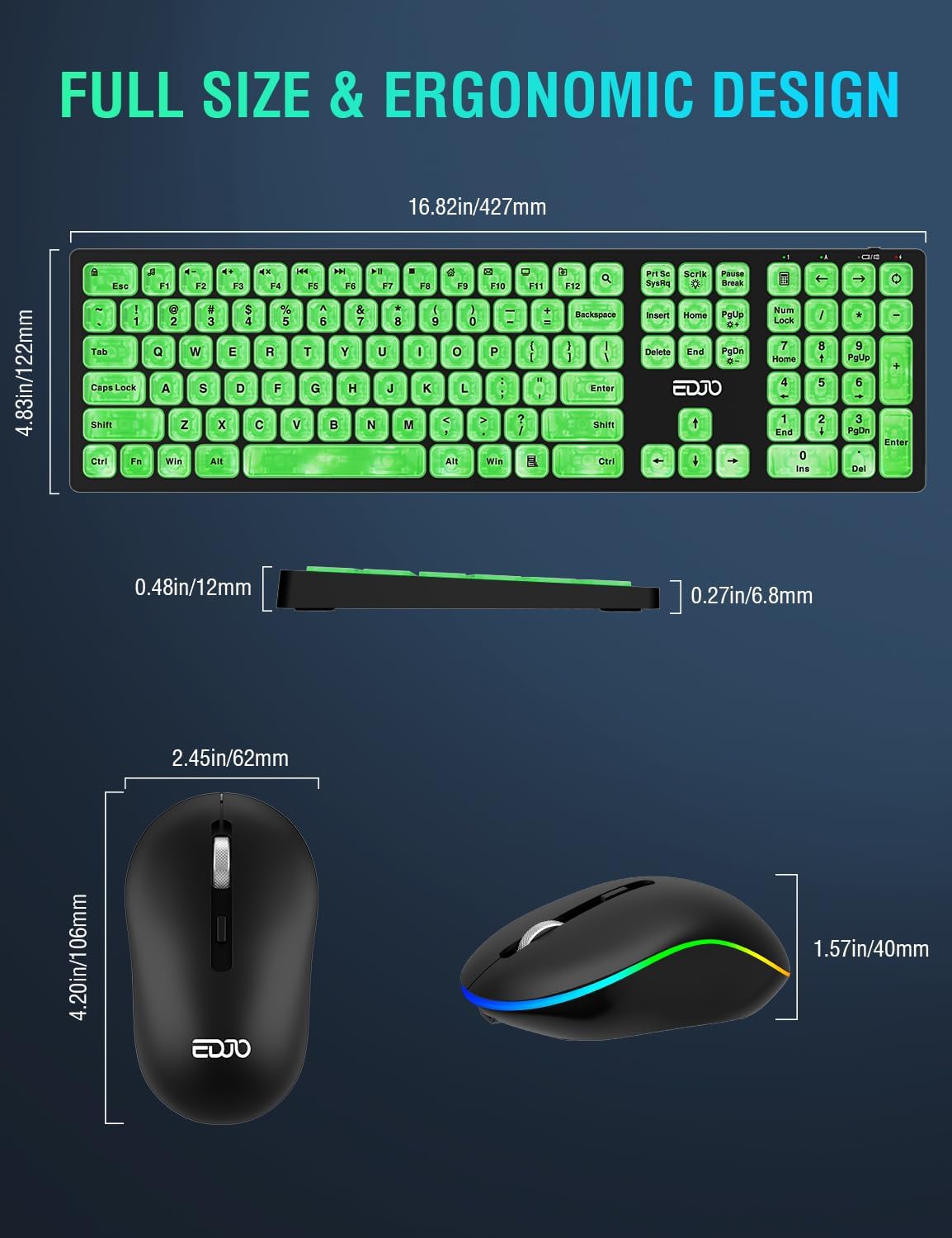 Combo de teclado y mouse inalámbricos, 7 efectos retroiluminados, teclado silencioso con mouse RGB, recargable, delgado, modo de sueño, juego de
