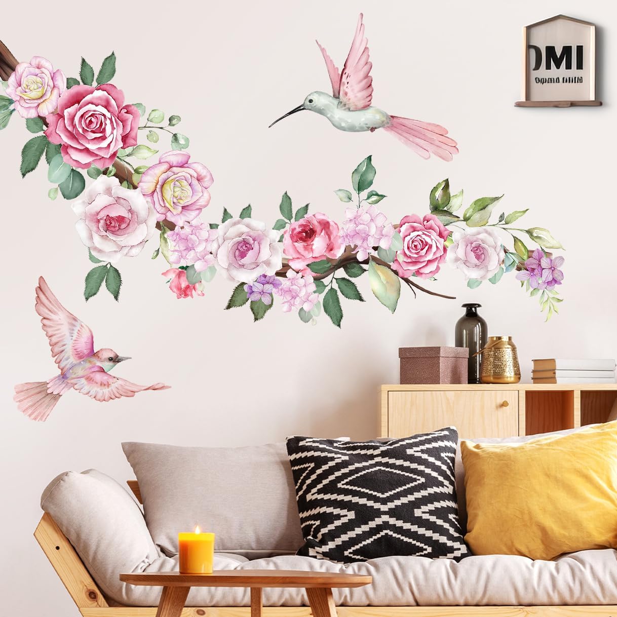 DRWSSR 2 hojas de calcomanías de pared de flores de peonía de acuarela, calcomanías de pared florales de colibríes rosados, calcomanías de pared de
