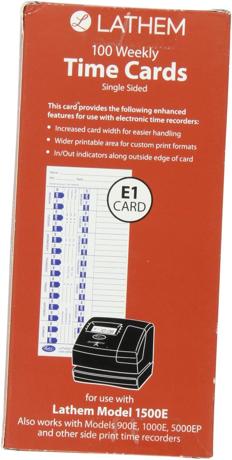 Lathem Tarjetas de tiempo para relojes electrónicos de impresión lateral, semanalmente, 100 caras, 4 x 9 pulgadas, caja de 100
