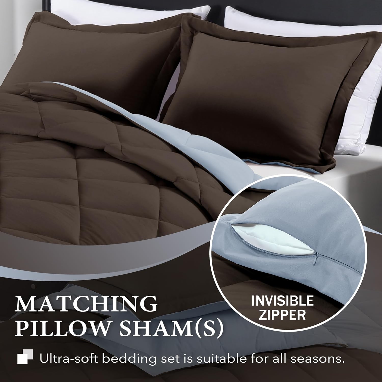 downluxe Juego de edredón tamaño individual, edredón individual marrón y azul, juegos de ropa de cama suave para todas las estaciones, 2 piezas, 1