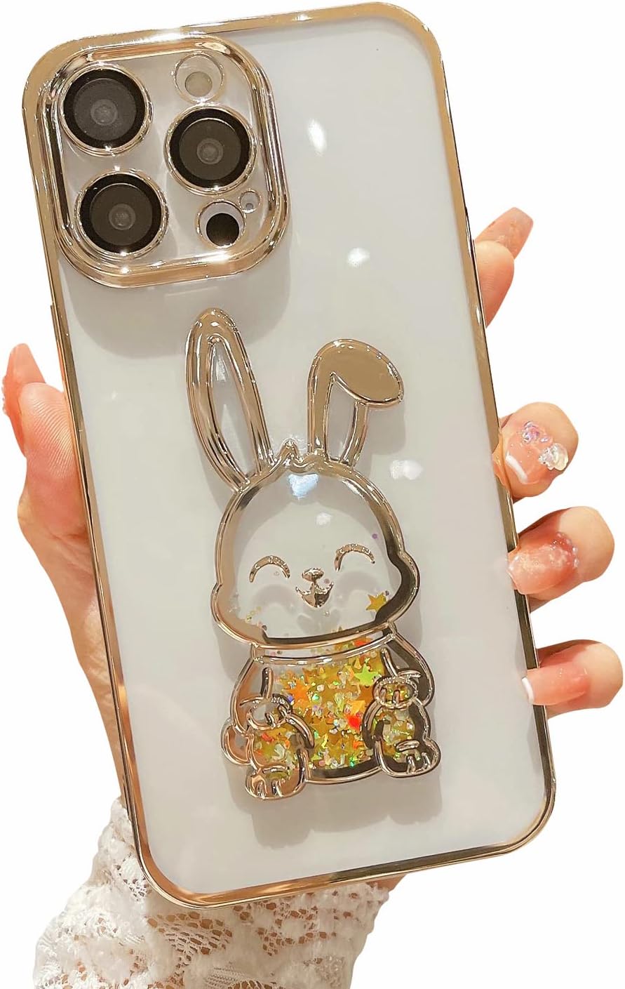Funda compatible con iPhone 15 Pro Max con protector de lente de cámara para mujeres y niñas, de lujo, galvanizado, transparente, con purpurina