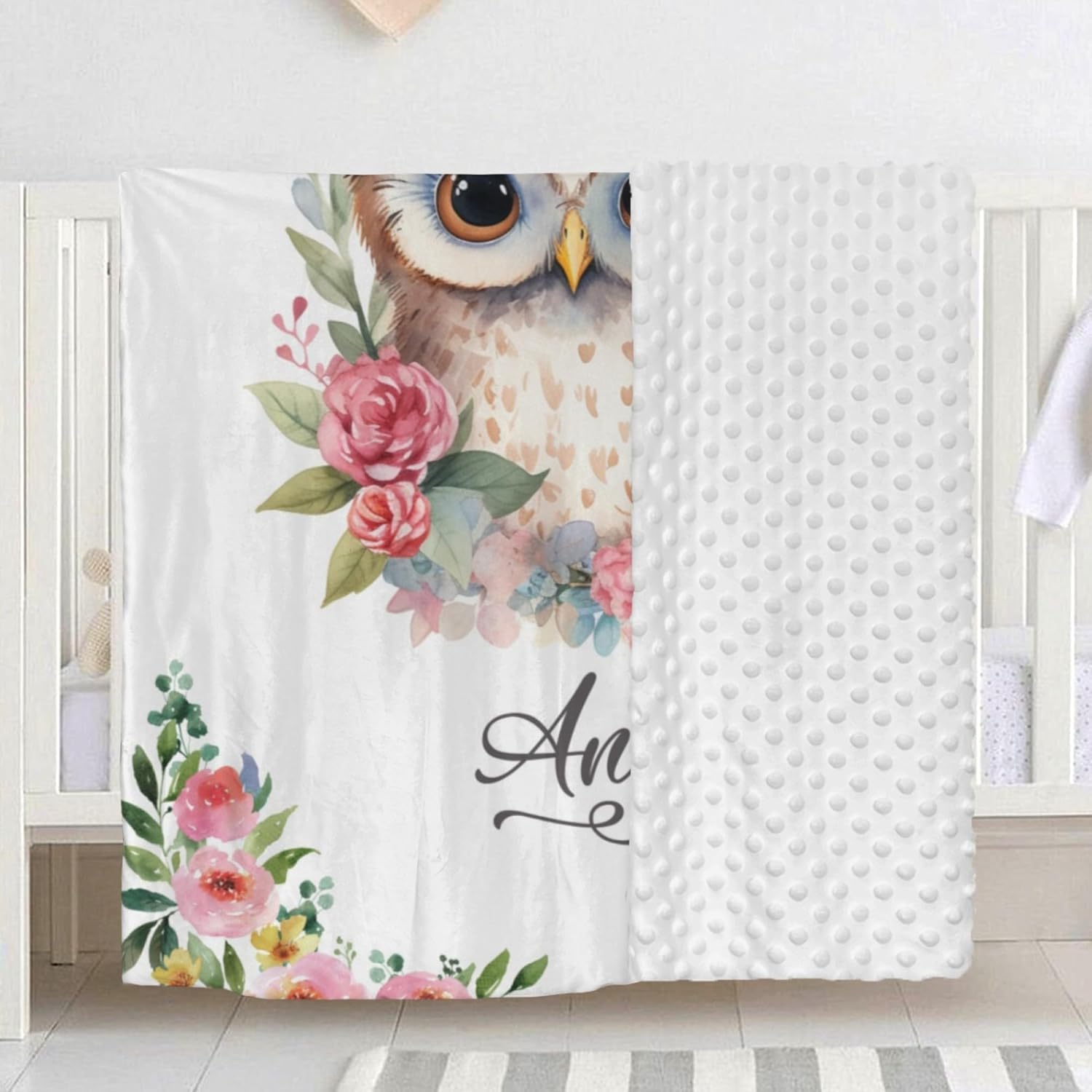 Manta personalizada con nombre, mantas de bebé personalizadas para niñas, manta de bebé de felpa suave con diseño de búho minky, respaldo punteado,