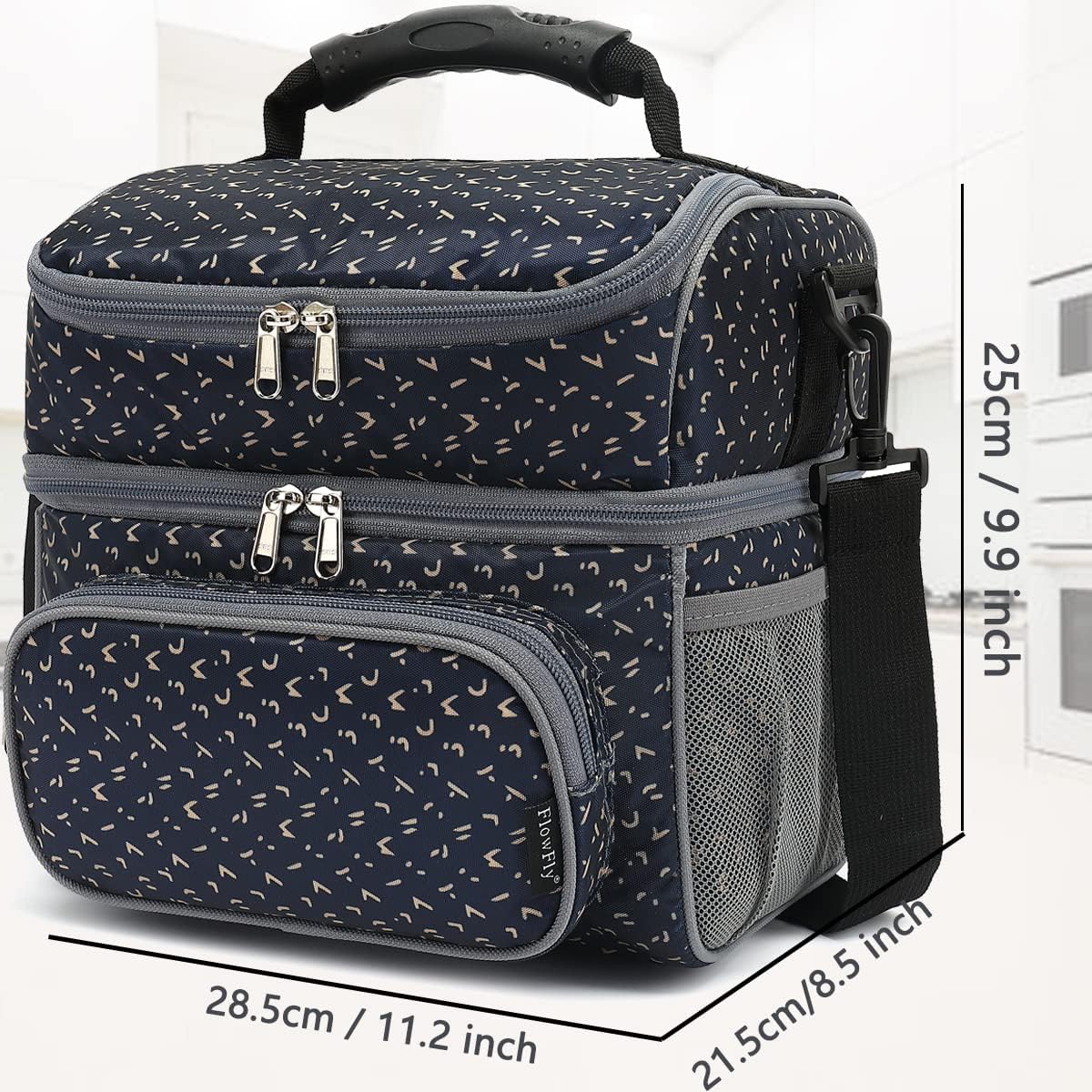 FlowFly Lonchera térmica de doble capa para adultos, bolsa grande para hombres y mujeres, con correa ajustable, bolsillo frontal y bolsillos