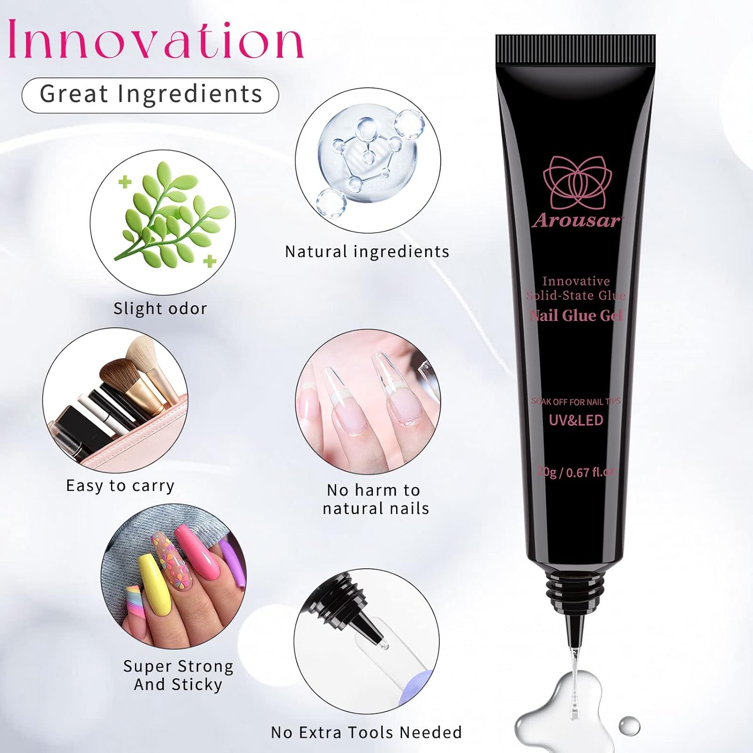 Pegamento de uñas de gel  0.7 fl oz x 2 unidades, gel de pegamento sólido para puntas de uñas, uñas a presión, gel de pegamento de uñas súper fuerte