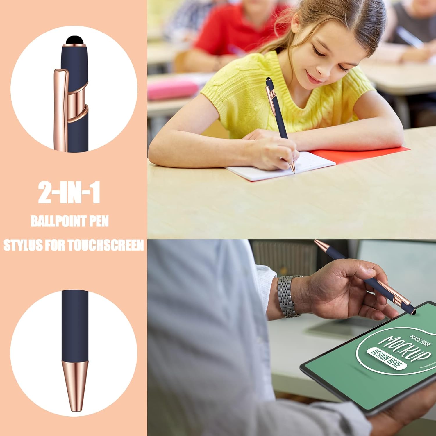 Lragvtbk 8 bolígrafos de tinta azul con punta de lápiz capacitivo 2 en 1, bolígrafos de metal, para pantallas táctiles, escuela, oficina, compañeros