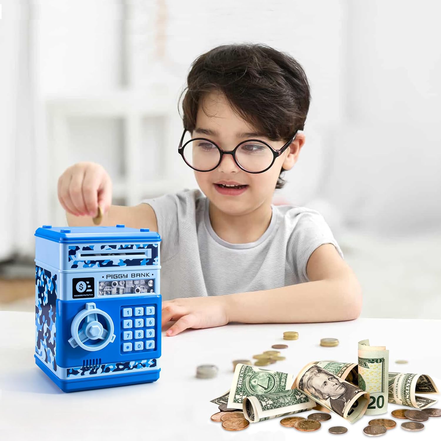 Hucha para niños, mini cajero automático de papel con desplazamiento automático, caja de ahorro de dinero con contraseña, efectivo y monedas, caja