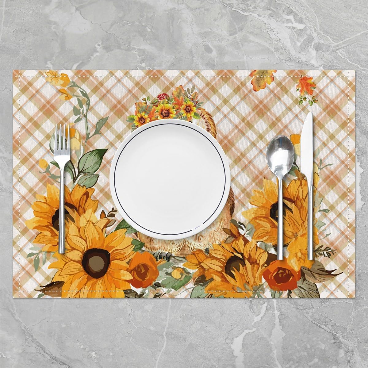 Juego de 4 manteles individuales de acuarela con diseño de búho para cocina, estilo granja, diseño botánico de girasoles y hojas, resistentes al