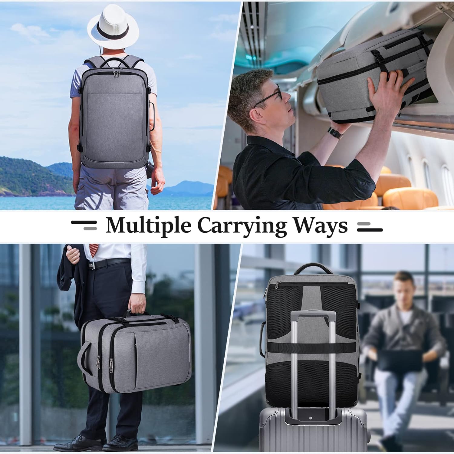 IGOLUMON Mochila de viaje para hombres y mujeres, 40L, aprobada para vuelo, mochila de transporte impermeable de 17 pulgadas para laptop, Gris