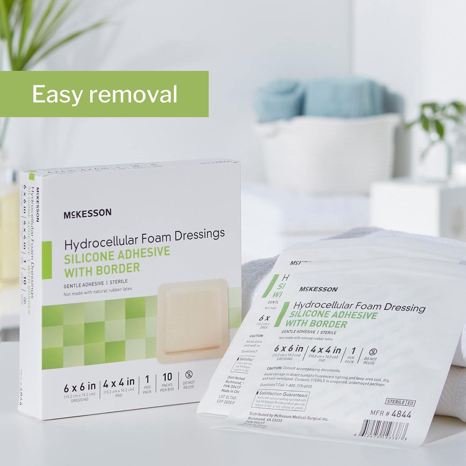McKesson Apósitos de espuma hidrocelular, estéril, adhesivo de silicona con borde, dimensión 6 x 6 pulgadas, almohadilla de 4 x 4 pulgadas, 10