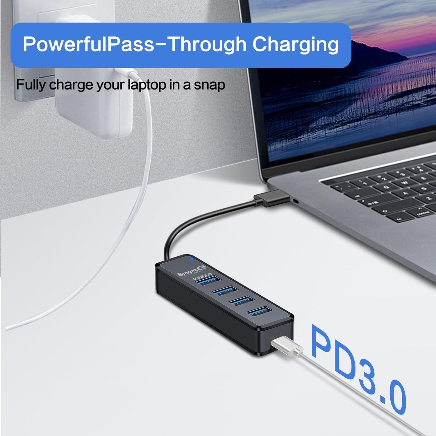 SmartQ Hub USB C de 4 puertos, USB C a USB Hub con 4 USB 3.0, divisor USB C alimentado para laptop, MacBook Pro, iMac, iPad Pro, Chromebook,