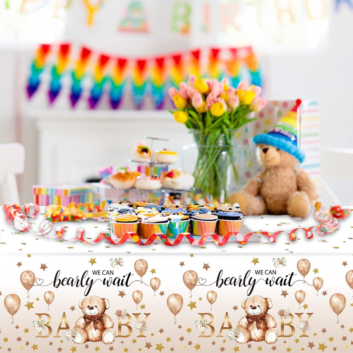 Capoda 3 manteles de oso para baby shower, fundas rectangulares de plástico para decoración de fiesta de revelación de género de oso, para baby