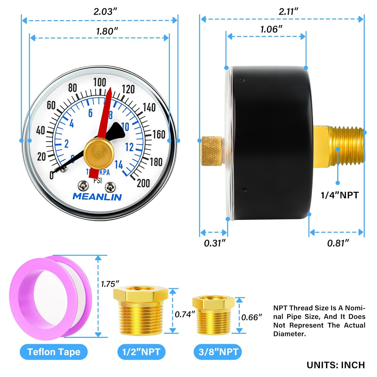 MEANLIN MEASURE Manómetro de bomba de pozo NPT de 0-200 Psi con cara de dial de 2 pulgadas y adaptador NPT de 12 pulgadas y adaptador NPT de 38