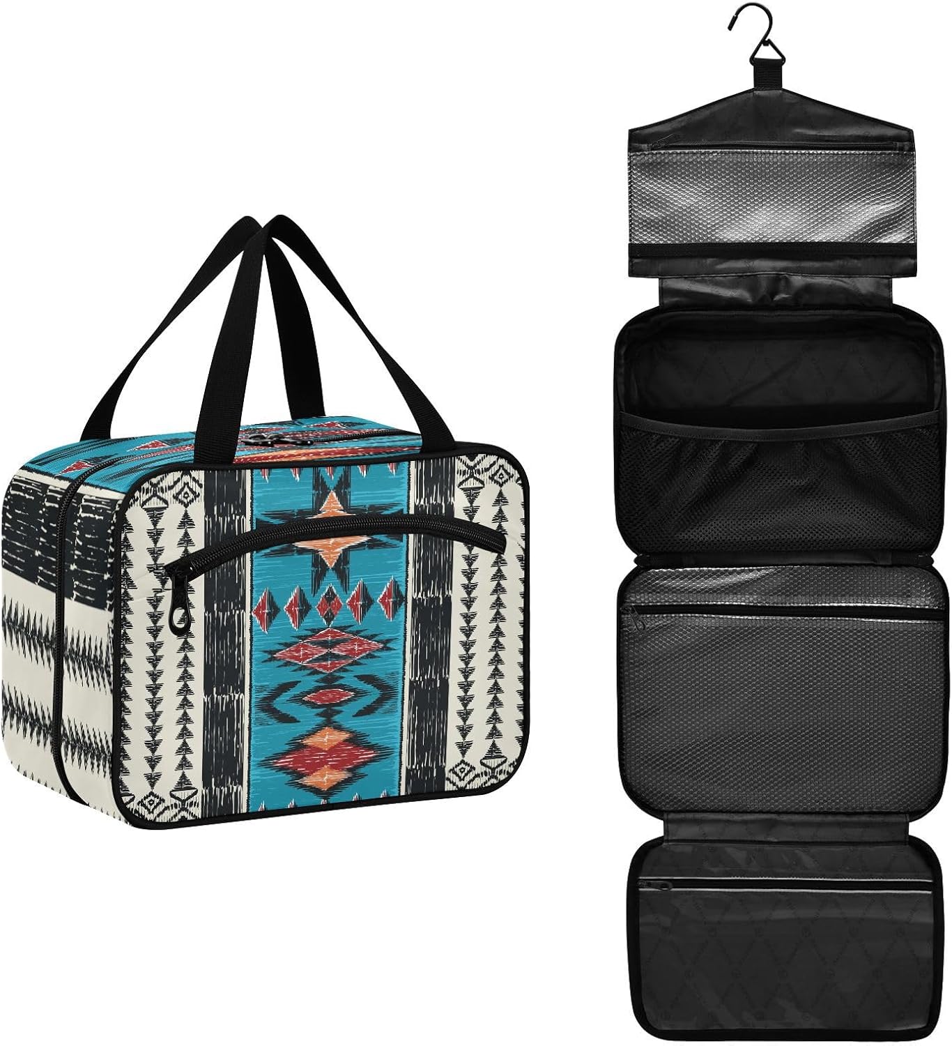 Neceser de viaje étnico geométrico bohemio azteca, organizador de maquillaje colgante para mujeres y hombres, bolsa de cosméticos portátil para