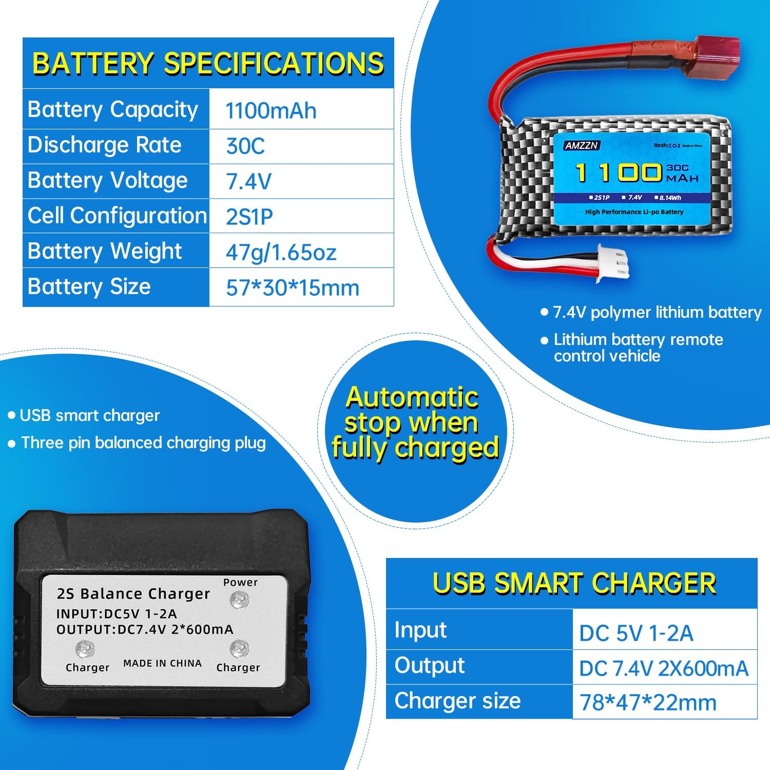 2PCS 7.4V 2S 1100mAh 30C Lipo batería T-Plug con cargador 2 en 1 para 18859 18858 16889 300E 302E HS181 2845 Q903 Q901 110,112,116,118 Coches RC,