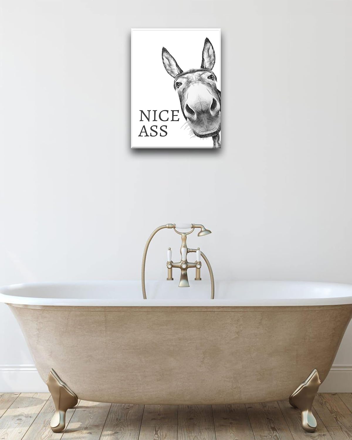 UPWOIGH Divertida decoración artística de pared de baño, arte de pared de burro blanco y negro, lienzo enmarcado de madera impermeable, impresiones