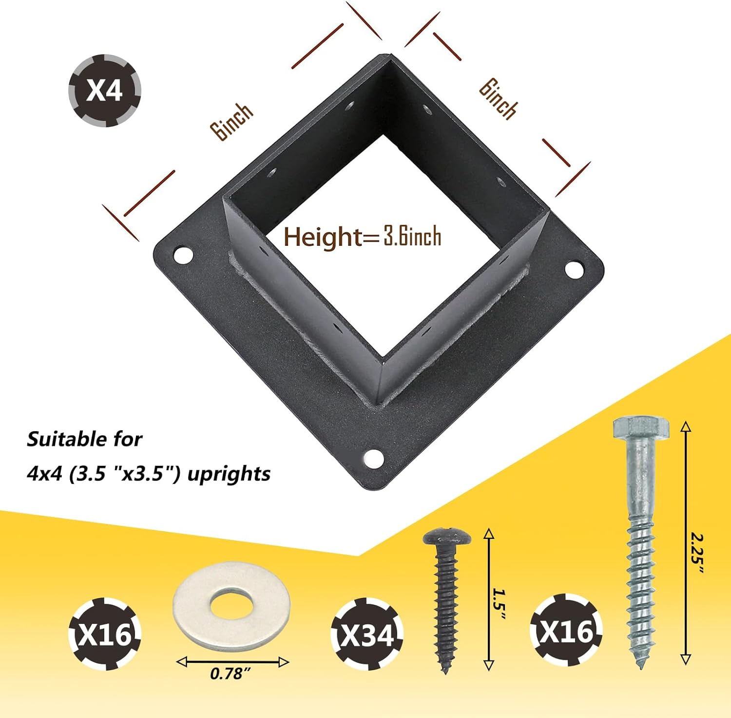 Voittozege 4 soportes de anclaje de poste de 4 x 4, soportes de poste de cubierta de madera resistente, kit de soporte de poste de madera recubierto