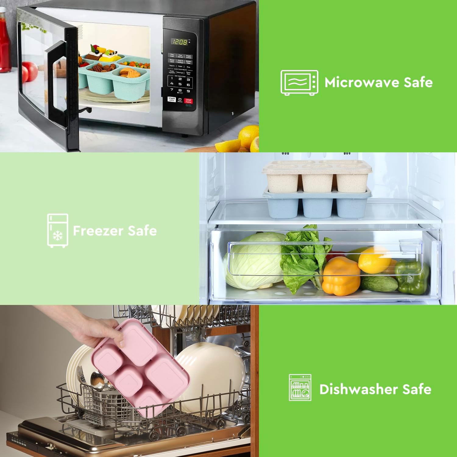 Bento – Loncheras reutilizables con 5 compartimentos, contenedores para alimentos para adultos, para la escuela, el trabajo y los viajes, juego de 4