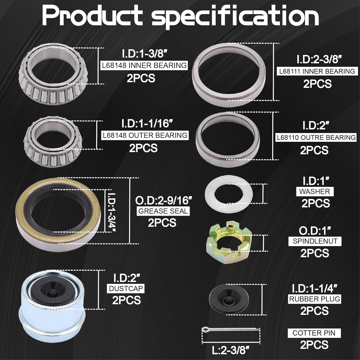 Ruikarhop L68149 L44649 Kit de rodamiento de rueda de eje de remolque de barco de 3500 libras con sellos de grasa de 171255TB, tapones antipolvo de