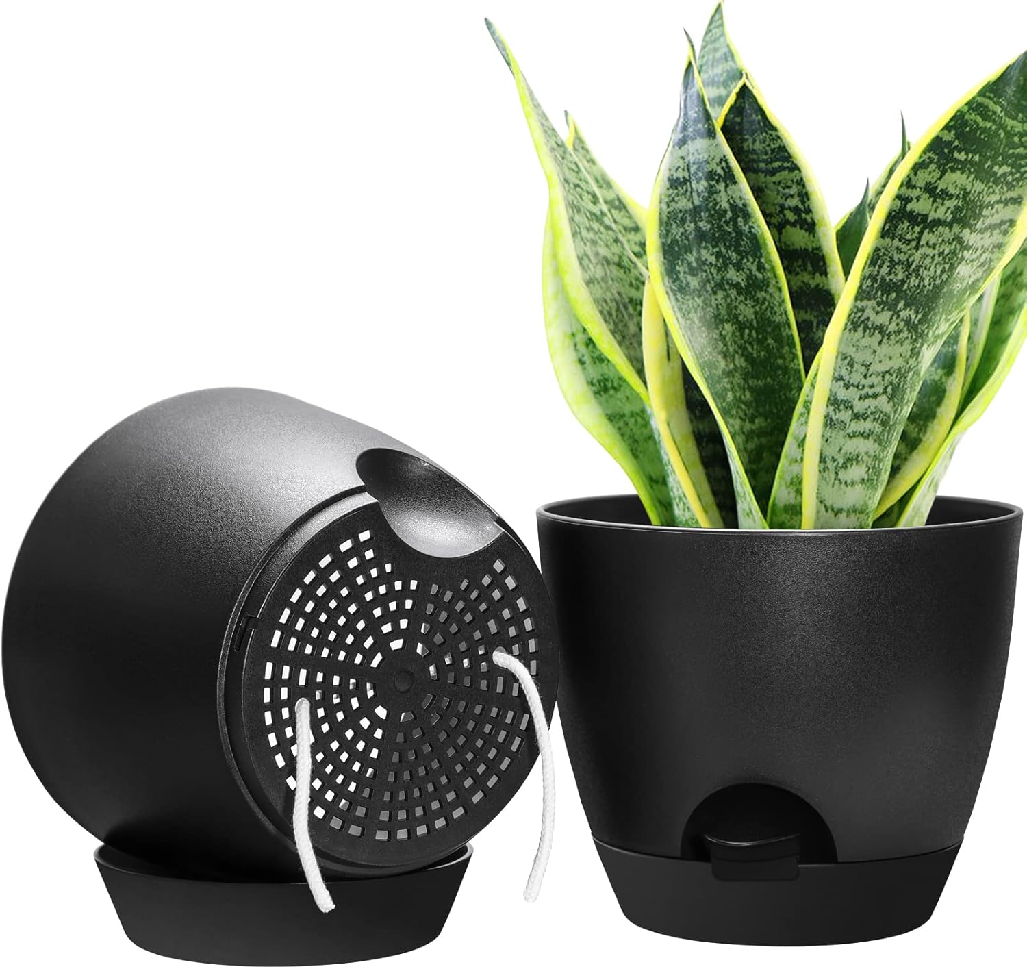 Macetas de 8 pulgadas para interiores, paquete de 2 macetas grandes de riego automático, macetas de plástico con soportes de drenaje y platillos