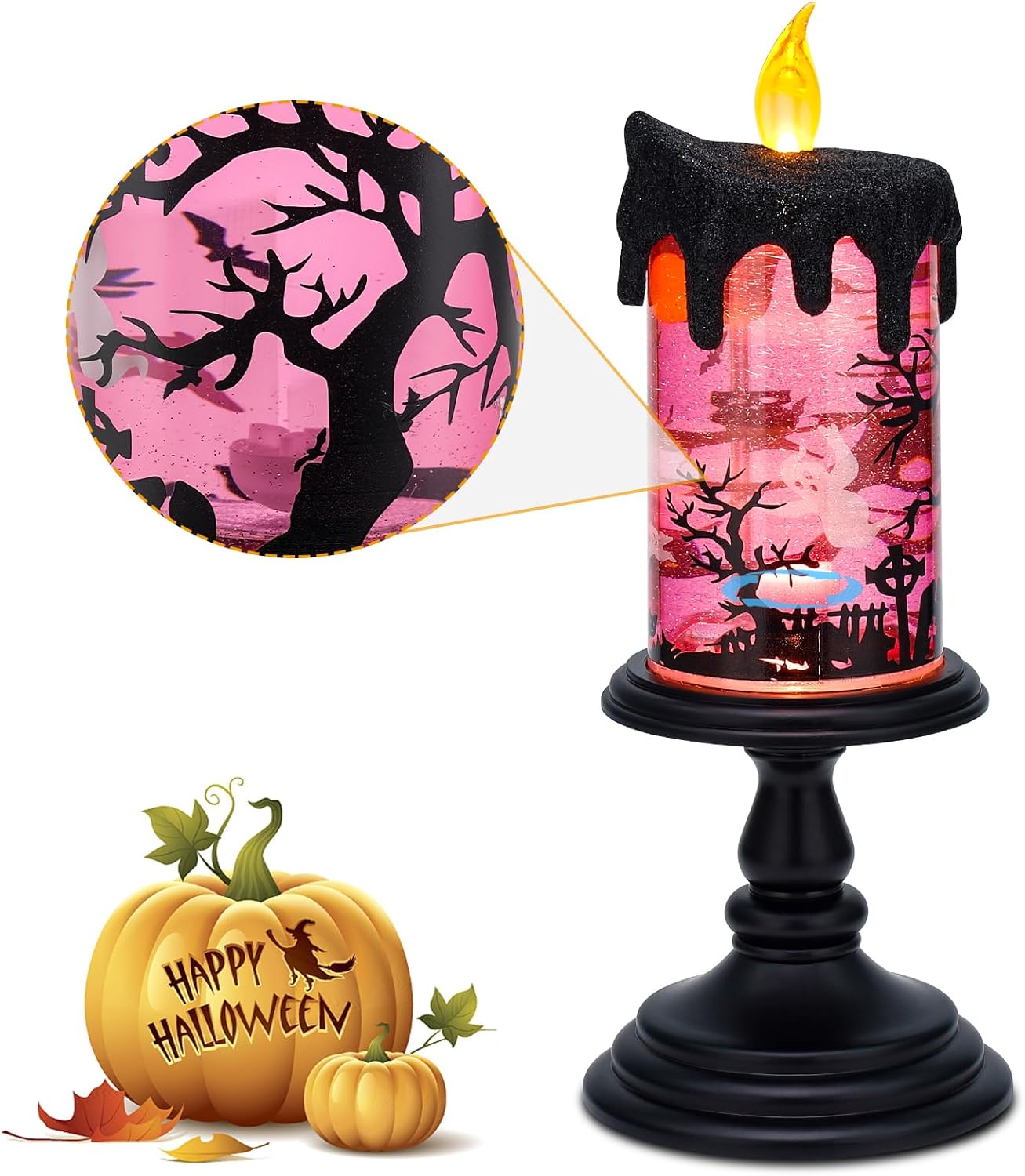Lámpara iluminada de globo de nieve de Halloween, velas sin llama iluminadas con remolinos de purpurina de agua y movimiento espeluznante, funciona