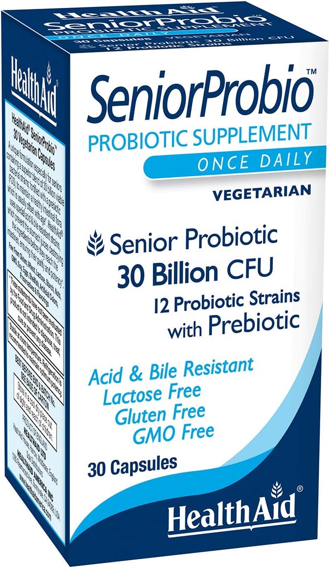 Seniorprobio 30 tapas, una vez al día, 30 mil millones con prebióticos, resistentes a ácidos y bilis, lactosa, gluten y sin OMG, vegetariano