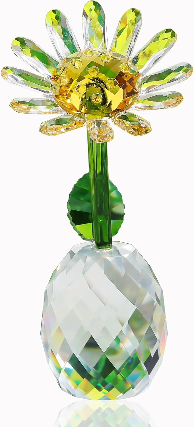 Qianwei Figura decorativa de flores de cristal de margaritas con jarrón  Ramo de flores de cristal, figuras coleccionables, decoración de cristal