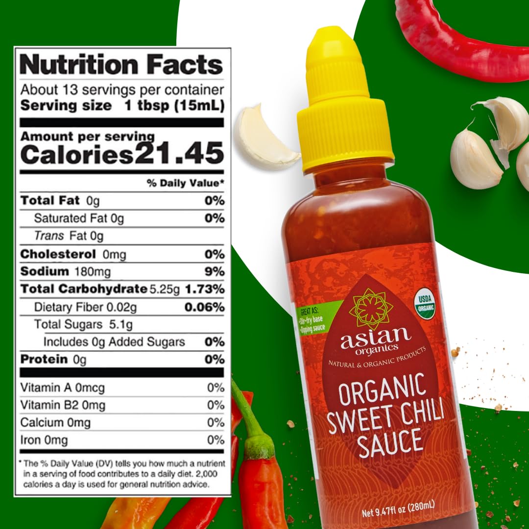 Asian Organics Salsa de chile dulce tailandés  Salsa orgánica de chile dulce  Salsa de chile asiático 100% orgánica certificada por USDA, sin MSG,