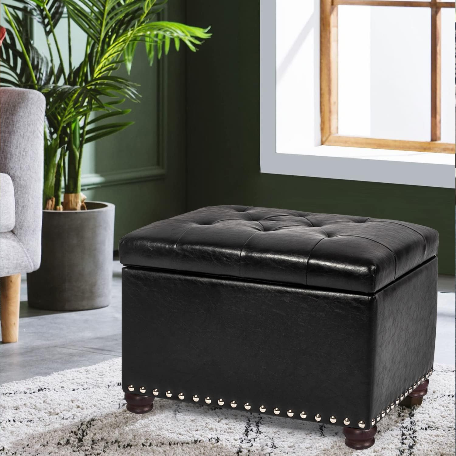 Joveco Otomana rectangular de almacenamiento, banco de almacenamiento de piel sintética con tapa elevable, mesa auxiliar, reposapiés para sala de