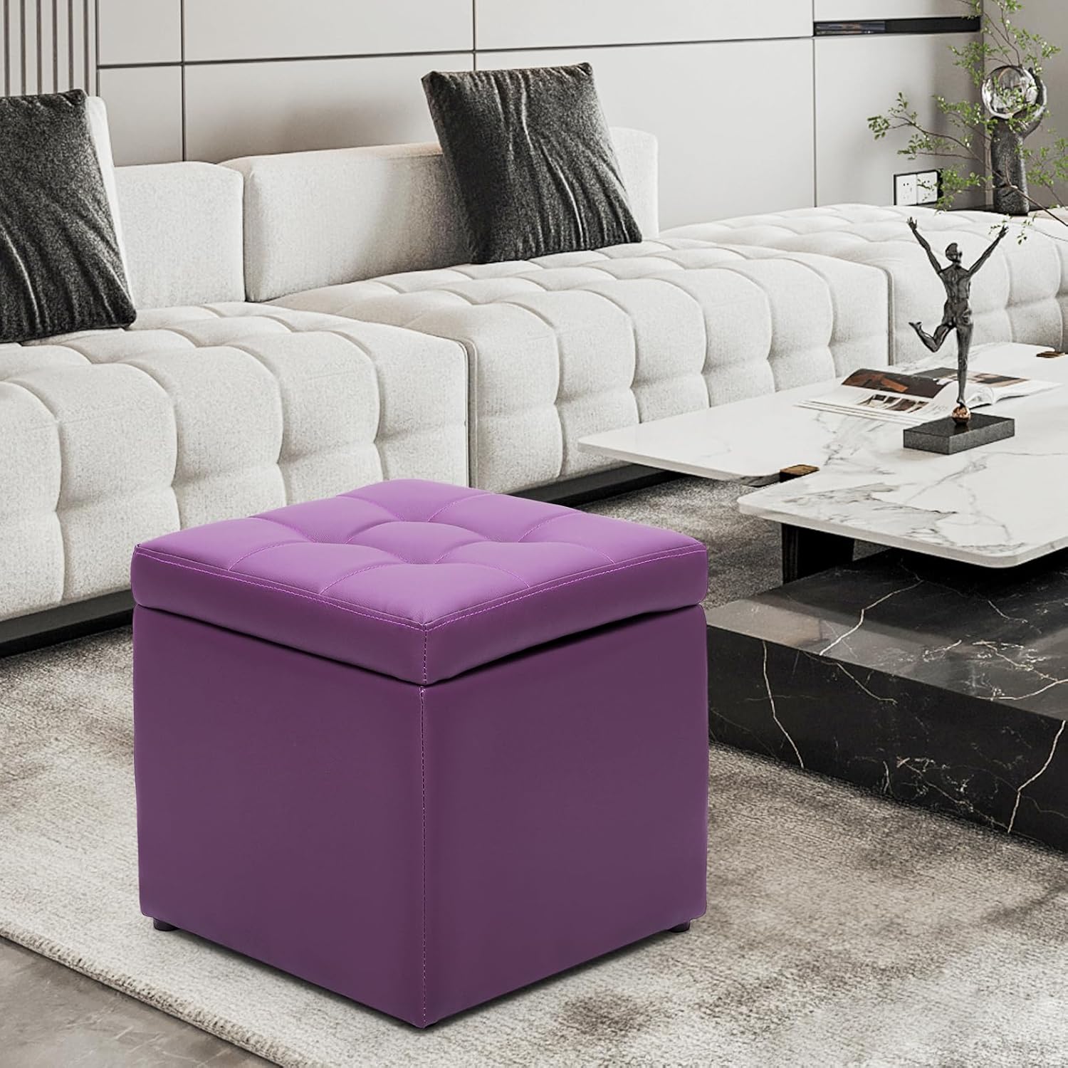 MoNiBloom Otomana pequeña con almacenamiento, moderna de 15.5 pulgadas, de piel sintética, color morado, con tapa abatible, reposapiés con tapa con