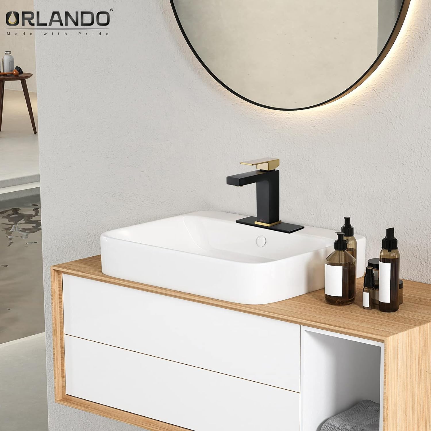 ORLANDO Grifo de baño negro y dorado de un solo agujero, grifo de lavabo de baño de una sola manija para fregadero de baño, grifo de baño de latón