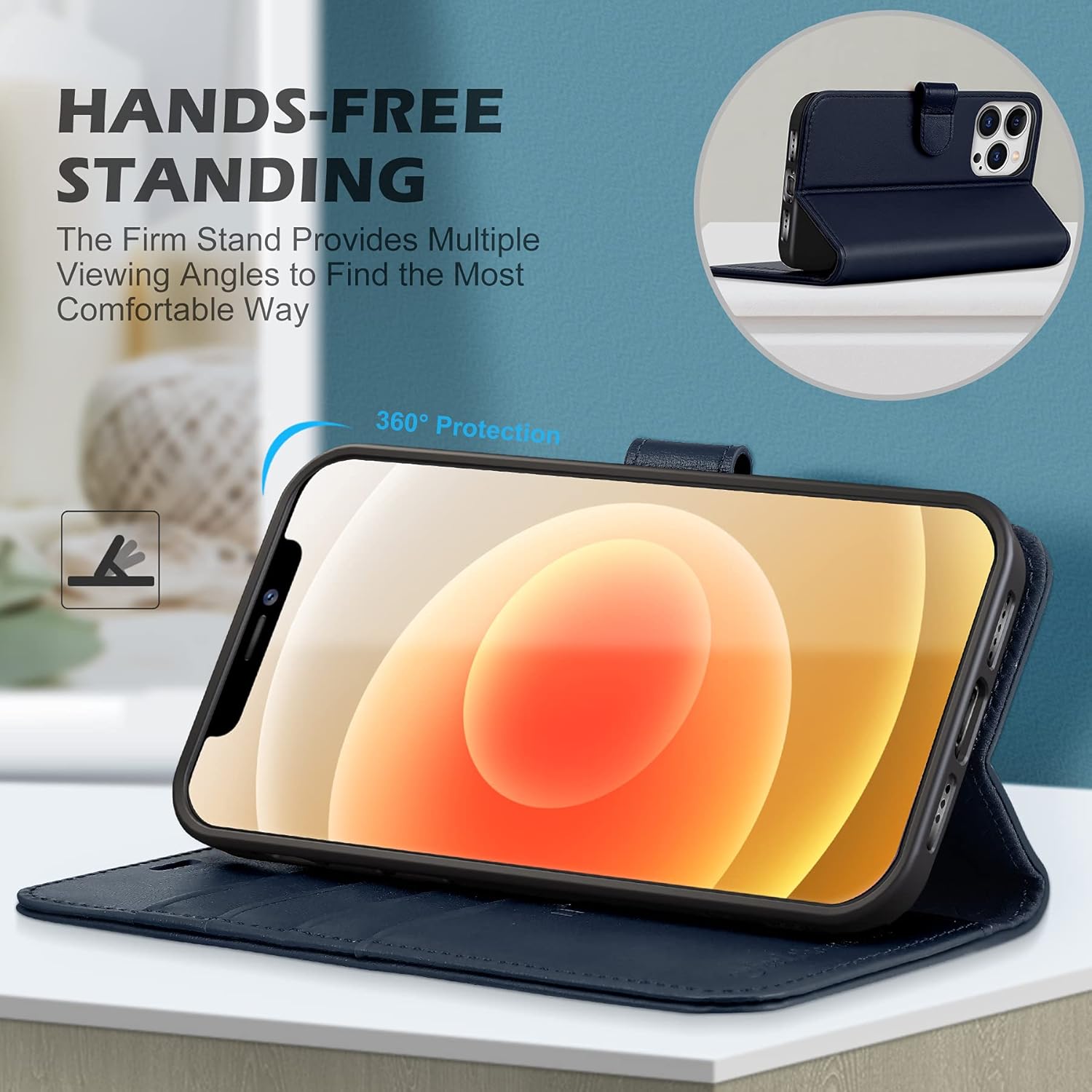 SHIELDON Funda para iPhone 13 Pro 5G, de piel auténtica, con función atril, bloqueo RFID, tarjetero y cierre magnético, funda de protección