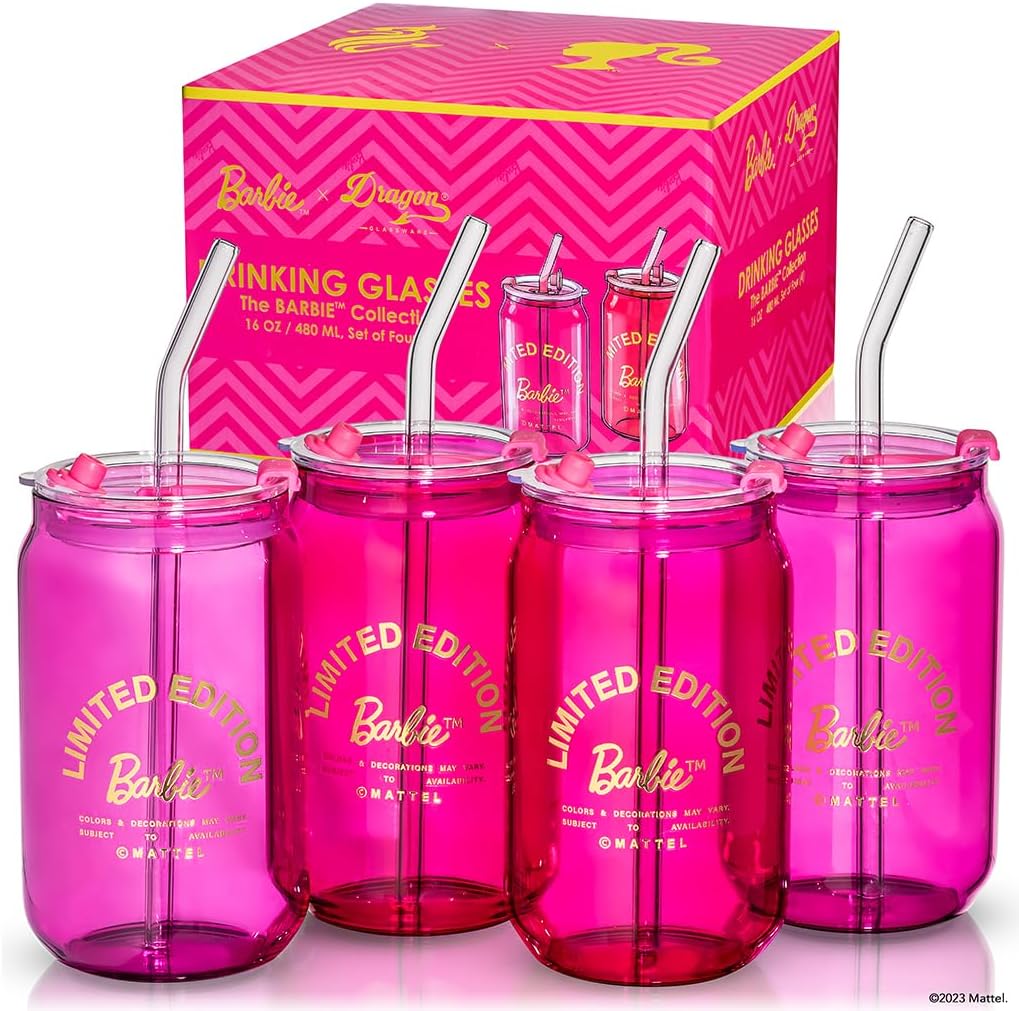 Dragon Glassware x Barbie – Vasos de vidrio con forma de lata de 16 onzas con tapas y pajitas, juego de 4 tazas para café helado con tapas, vaso de