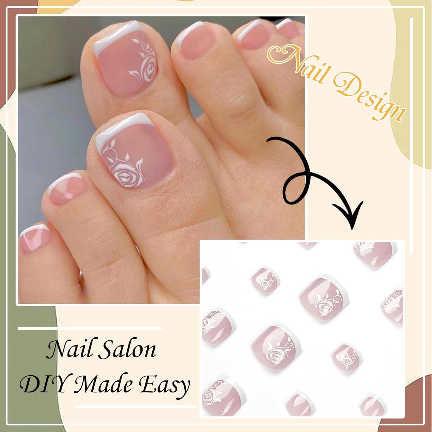 RODAKY Uñas postizas cuadradas francesas para mujer, con borde blanco francés, de cobertura completa, color rosa, flores, uñas postizas, uñas de