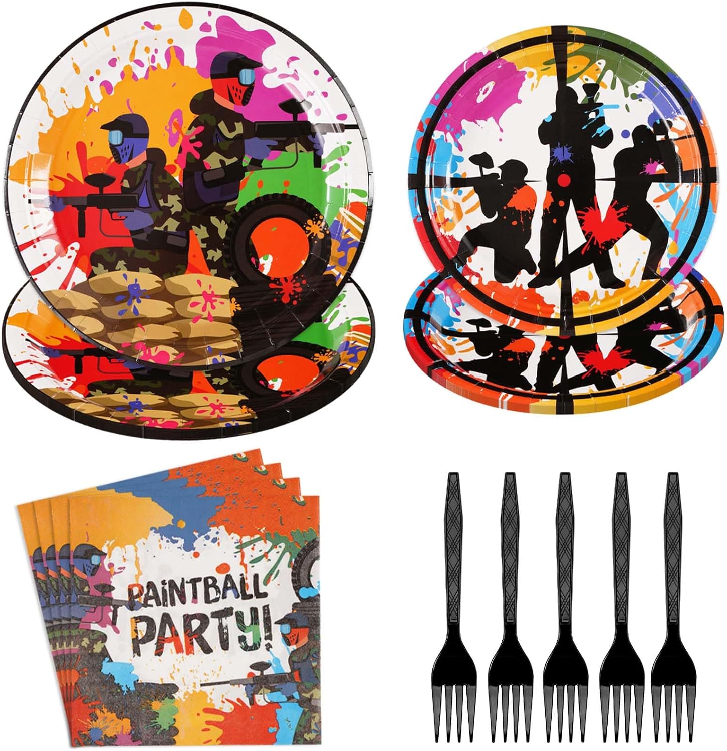 Juego de 96 platos y servilletas de papel de paintball, decoración de fiesta de neón de paintball, suministros de vajilla para niños
