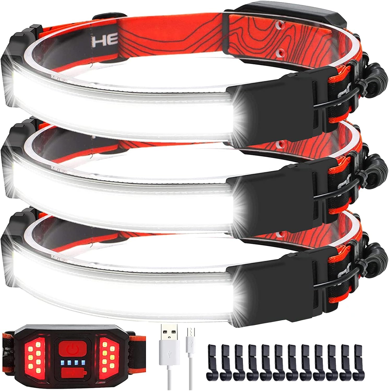 3 lámparas LED recargables para la cabeza, luz de casco duro de iluminación de 230, linterna ligera, 3 modos con luces rojas para correr, acampar,